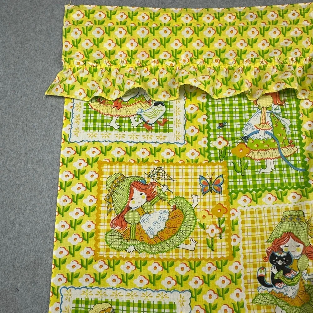 Vintage Sears Perma-Prest Holly Hobbie Style Yellow Floral Valance & Panels Set